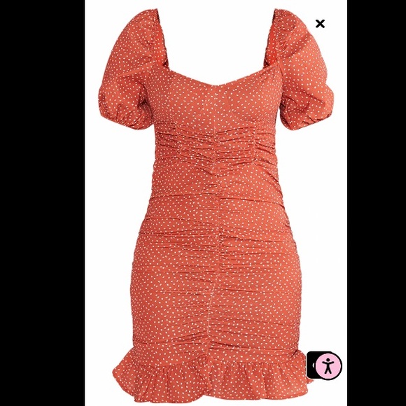 NEW Rust Polka Dot Puff Sleeve Ruched Tie Back Bodycon Dress - Picture 2 of 5